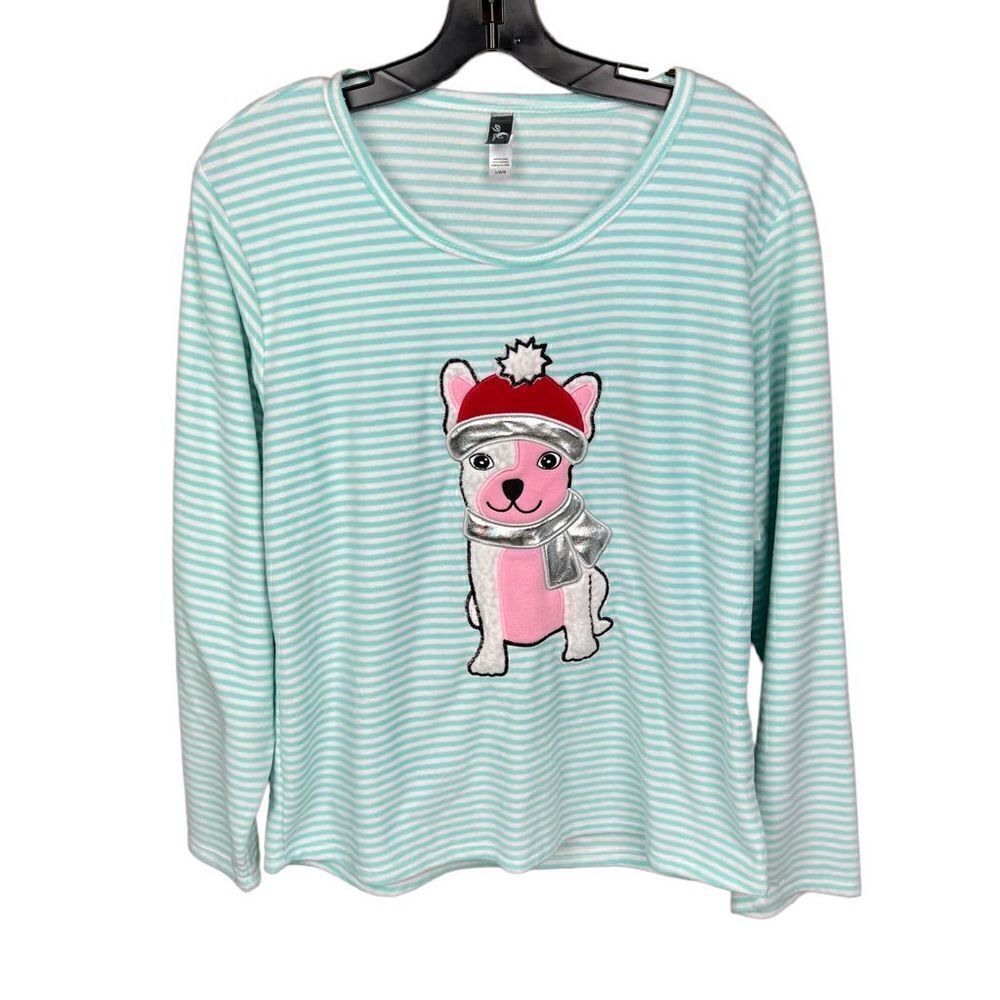 PJ Couture Pajama Top Aqua White Stripe Dog Appliqué Christmas Junior Large